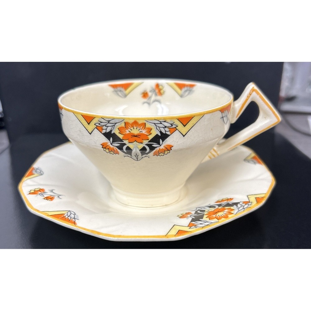 Rare Alfred Meakin England Art Deco 1930s Cup & Saucer Marigold Balmoral Pattern